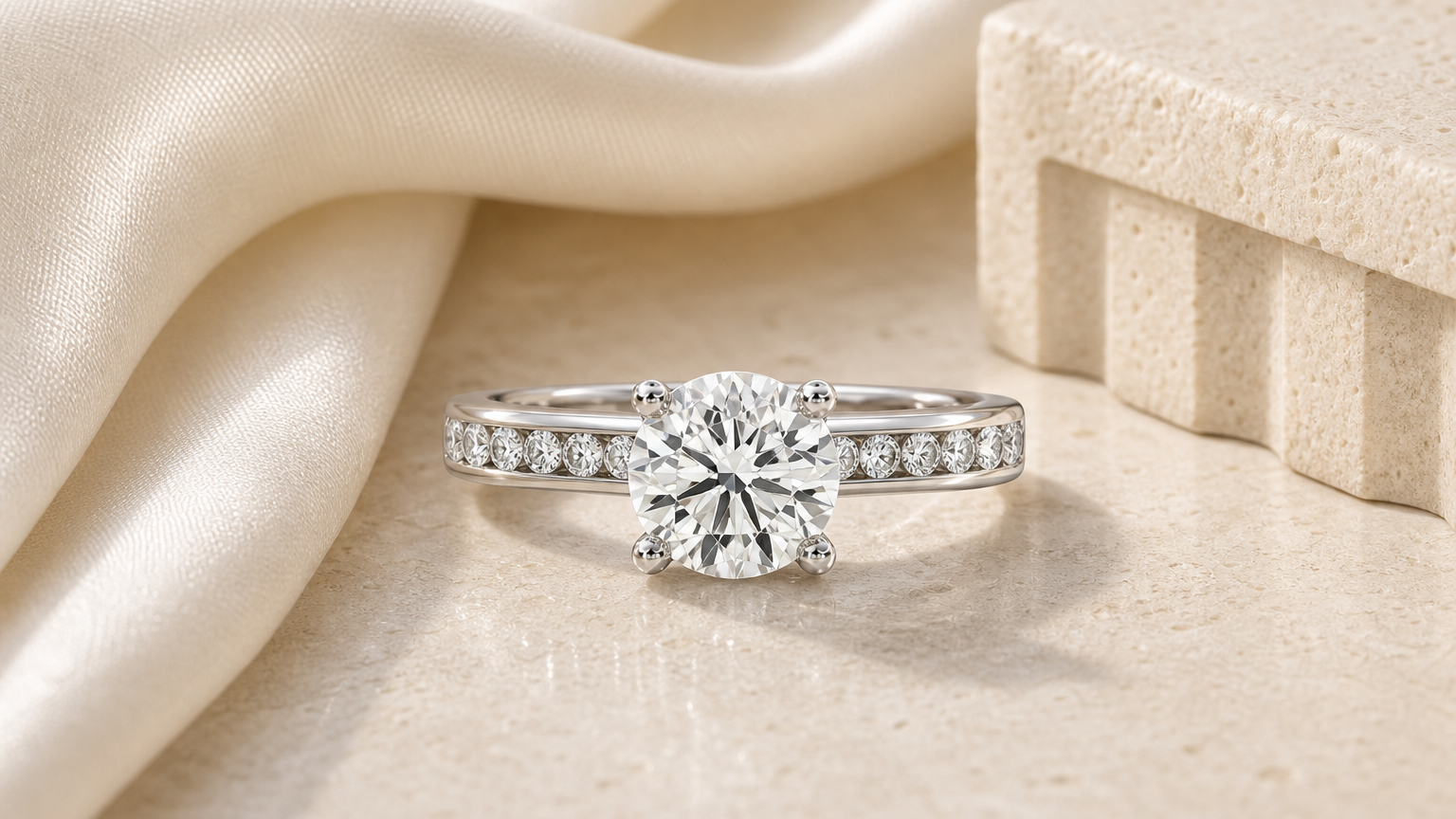Camille Channel-Set Round Diamond Engagement Ring styled for engagement ring settings explained
