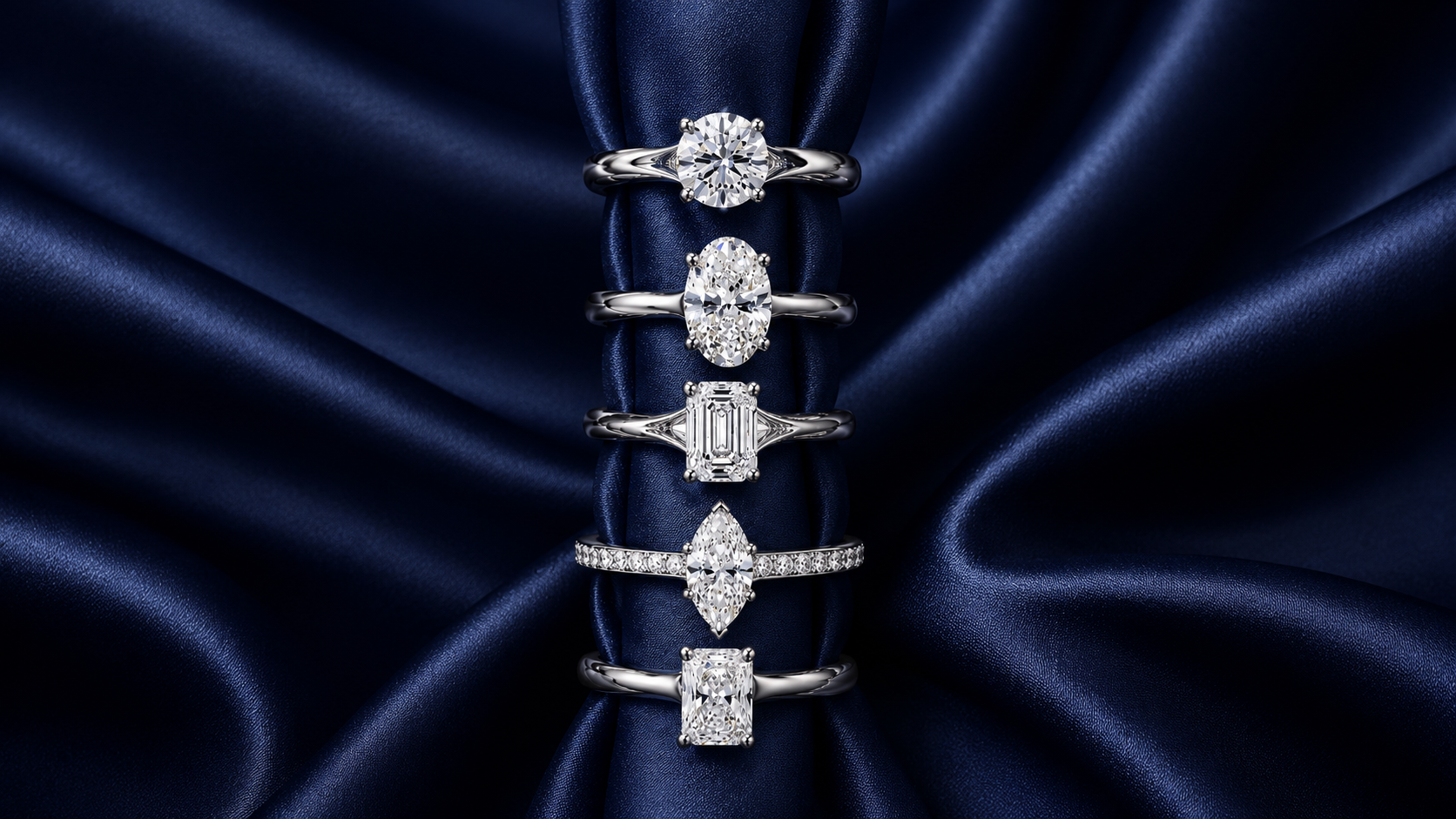 Lumière engagement rings with round, emerald, oval, radiant, and marquise lab-grown diamonds stacked together